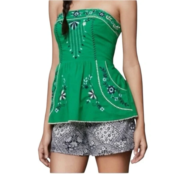 Vanessa Virginia Anthropologie Green Embroidered Strapless Y2K Boho Top Size 0 - Picture 2 of 8